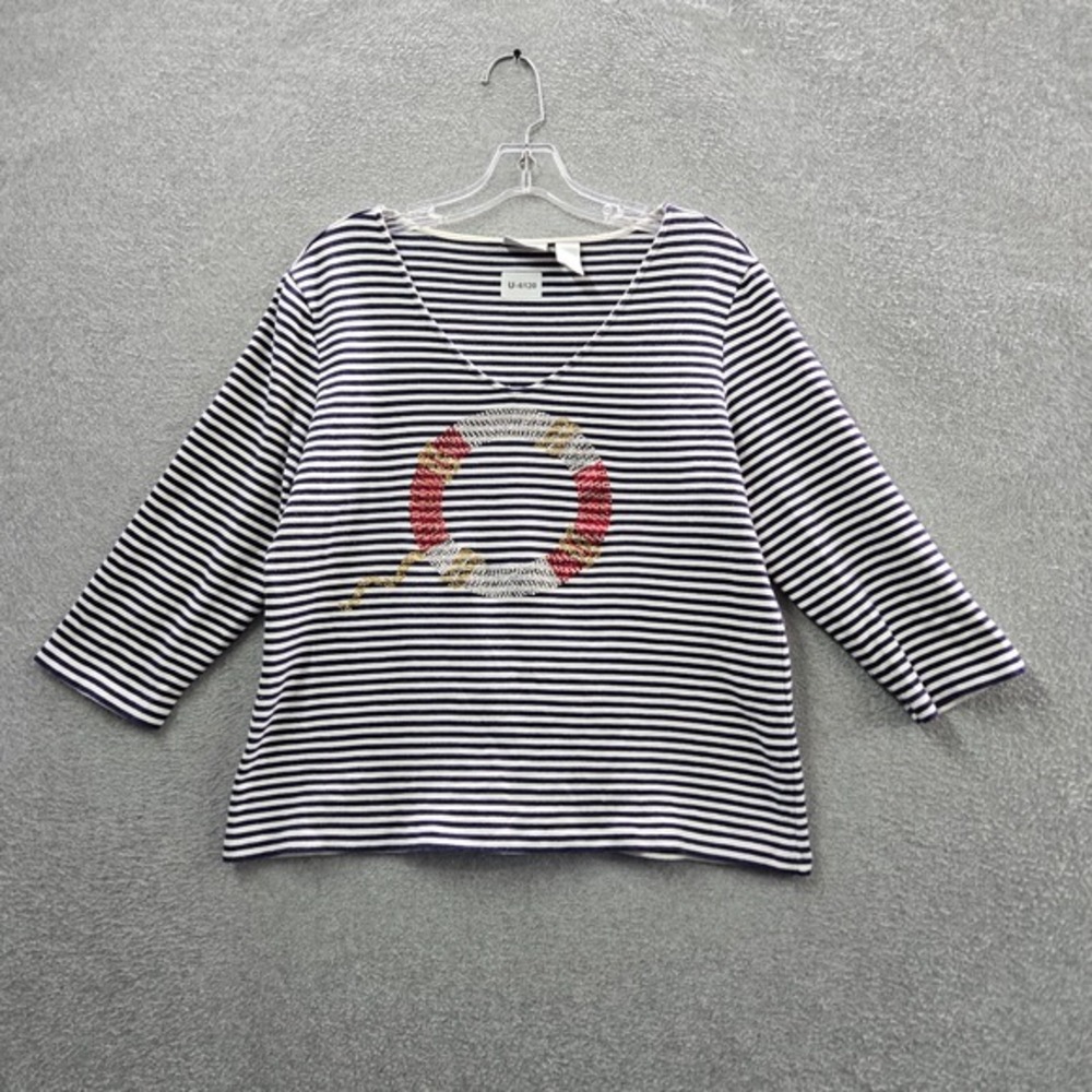 VINTAGE Chico's Women Top 3 Blue Stripe Shirt Rhinestones 3/4 Sleeve